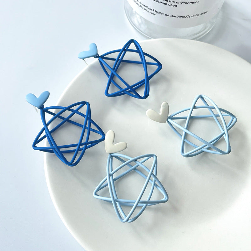 Silver Needle Blue Ear Studs Female Hollow Pentagram Earrings Girl Earrings Heart Shape