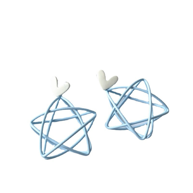 Silver Needle Blue Ear Studs Female Hollow Pentagram Earrings Girl Earrings Heart Shape