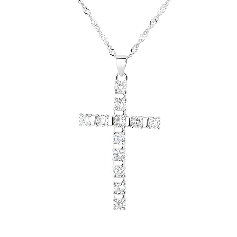 S925 Sterling Silver European And American Hip Hop Style Full Diamond Cross Pendant Hipster Single Row Diamond With Water Wave Chain