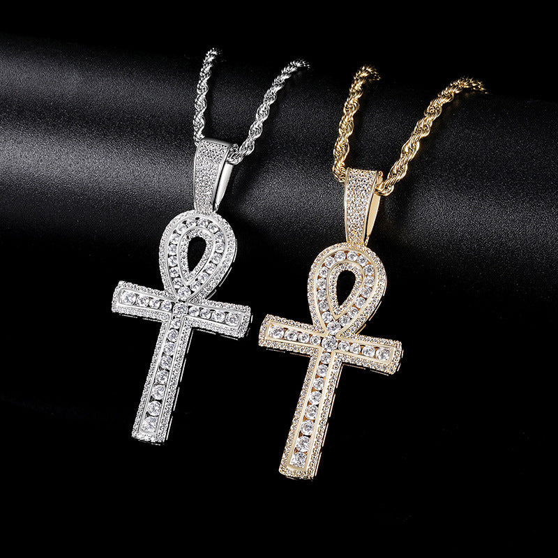 Micro Inlaid Zircon Horus Eye Anhe Large Cross Pendant Necklace