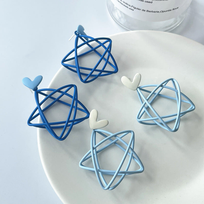 Silver Needle Blue Ear Studs Female Hollow Pentagram Earrings Girl Earrings Heart Shape