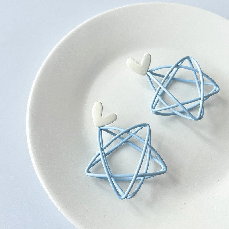 Silver Needle Blue Ear Studs Female Hollow Pentagram Earrings Girl Earrings Heart Shape
