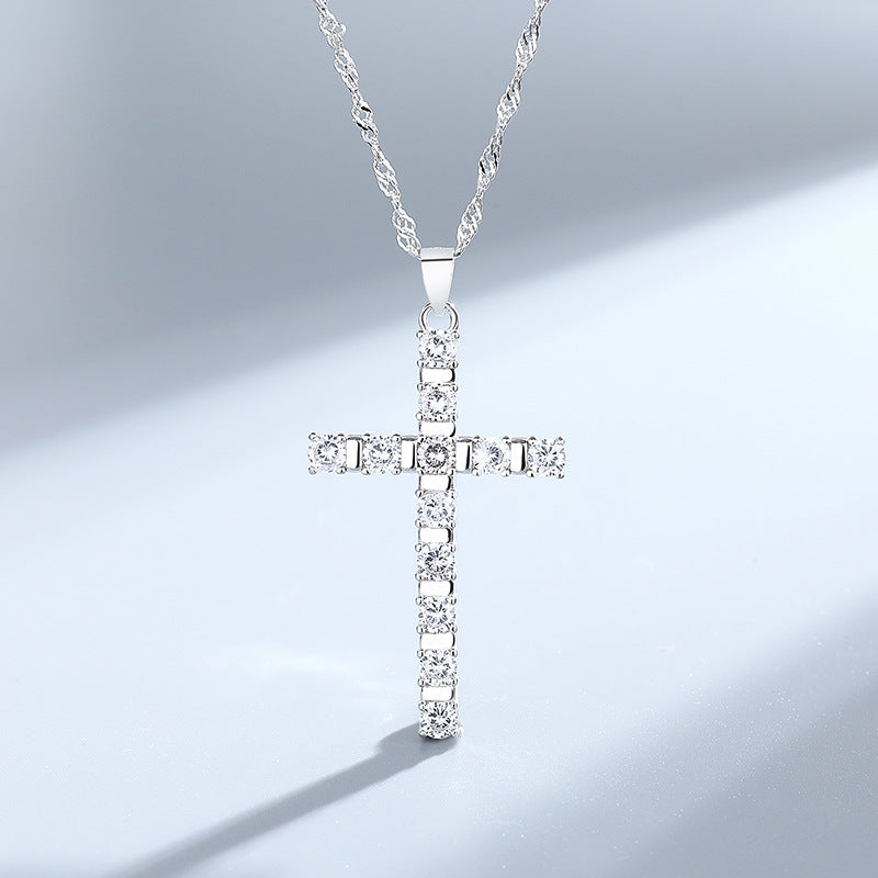 S925 Sterling Silver European And American Hip Hop Style Full Diamond Cross Pendant Hipster Single Row Diamond With Water Wave Chain