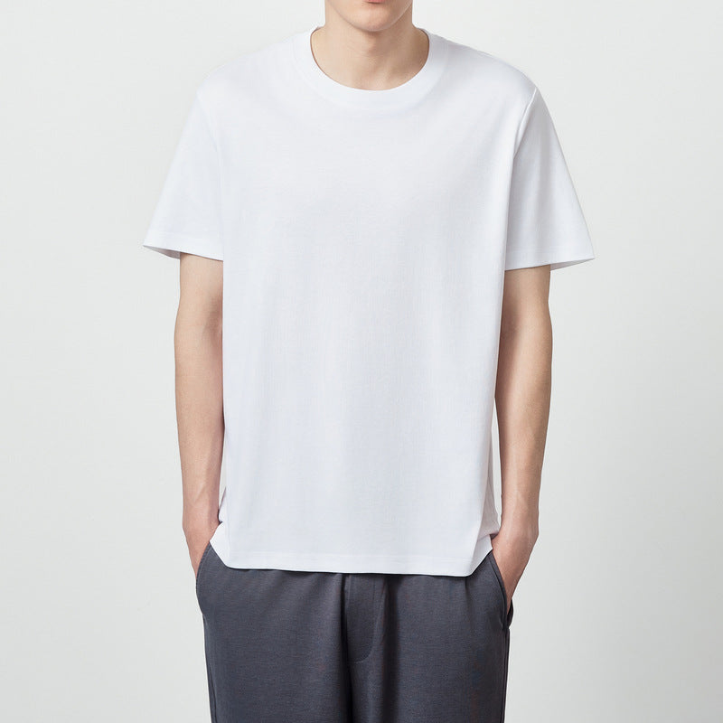 50 Long-staple Cotton Liquid Ammonia Short Sleeve Simple Solid Color Round Neck