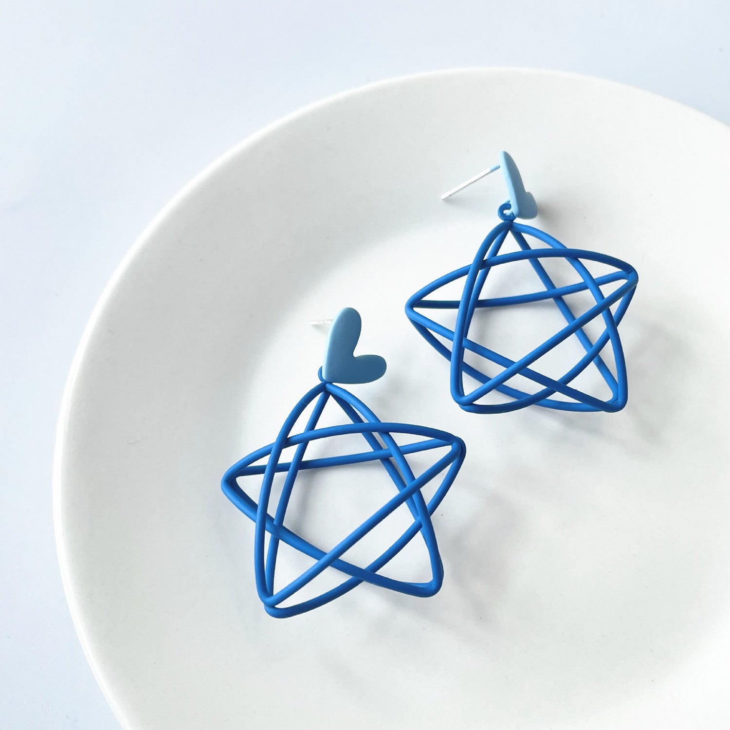 Silver Needle Blue Ear Studs Female Hollow Pentagram Earrings Girl Earrings Heart Shape