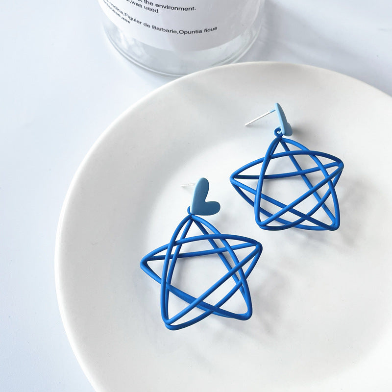 Silver Needle Blue Ear Studs Female Hollow Pentagram Earrings Girl Earrings Heart Shape