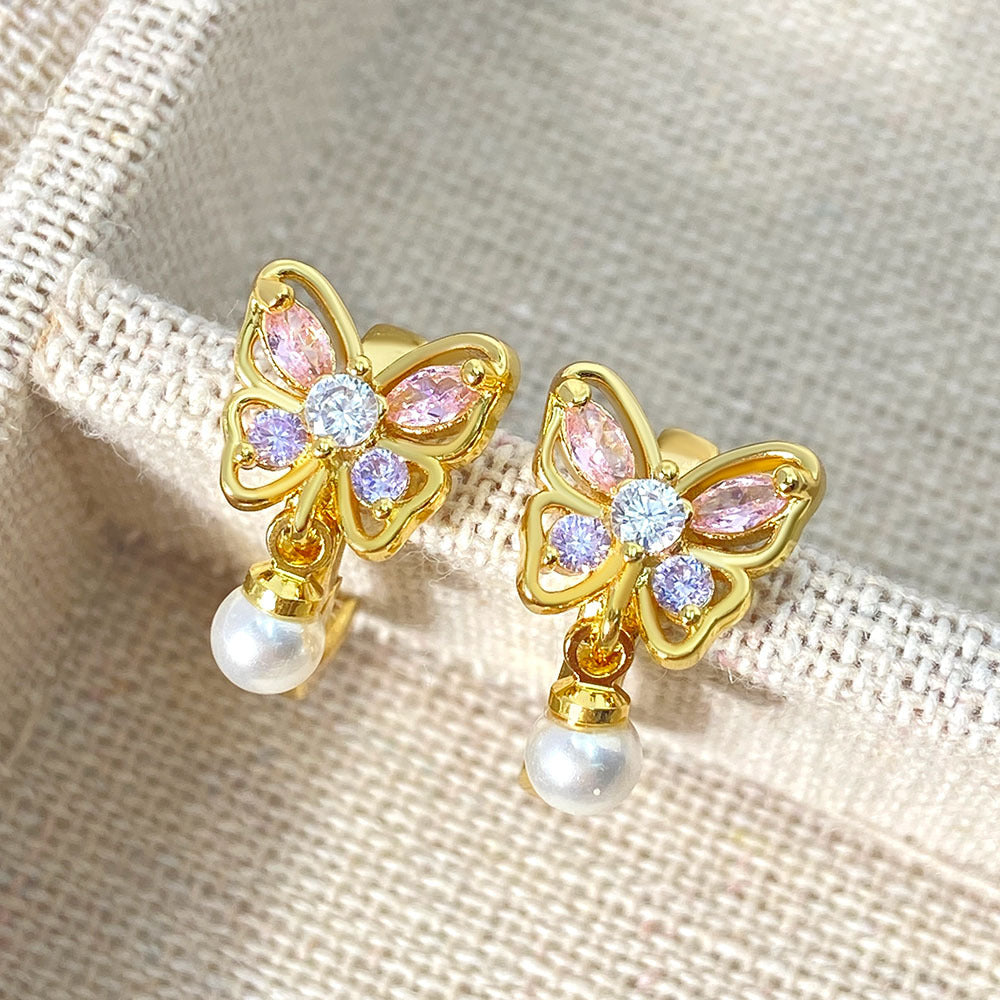 Butterfly Color Zircon Pearl Earrings Sweet Light Luxury