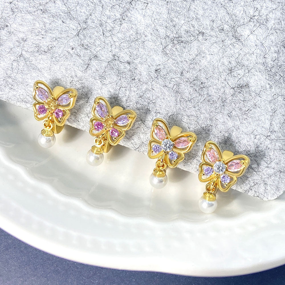 Butterfly Color Zircon Pearl Earrings Sweet Light Luxury